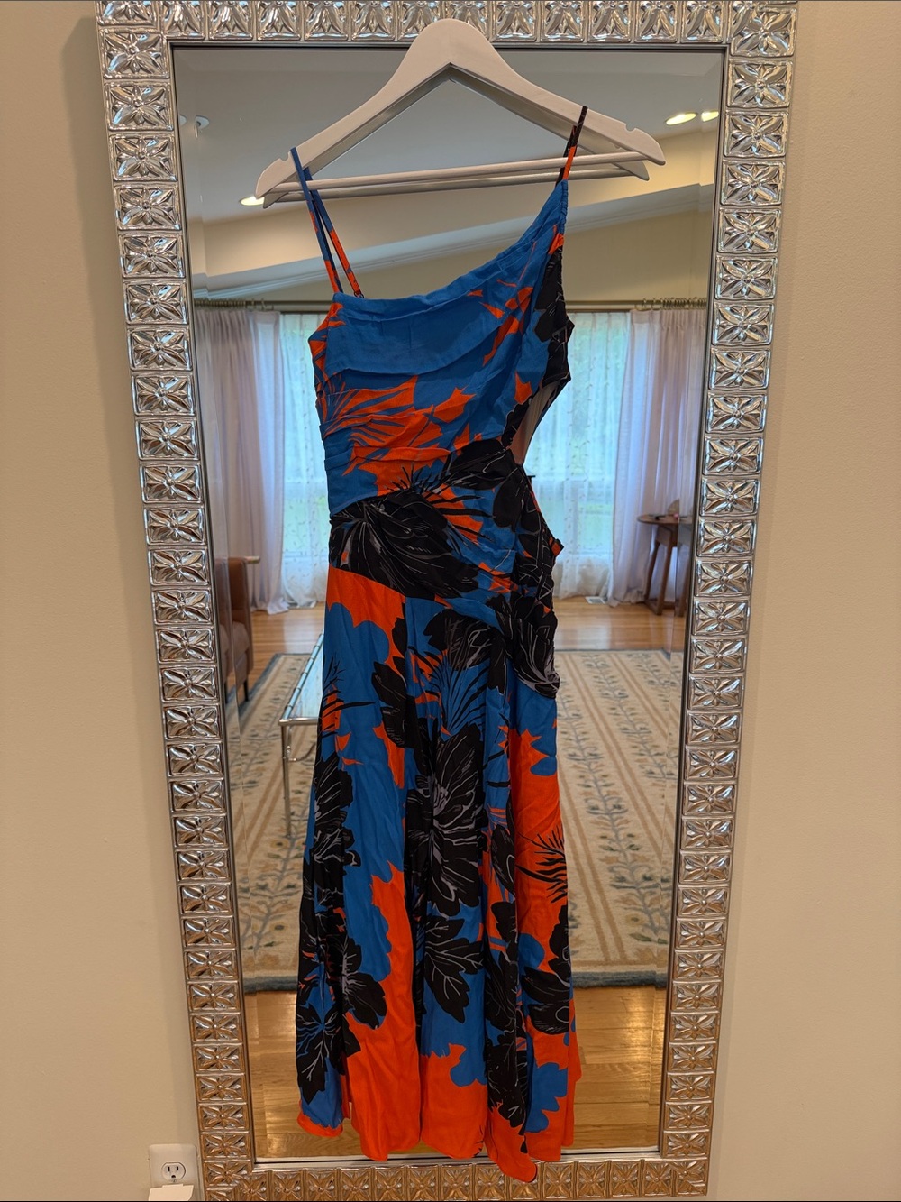 Plenty by Tracy Reese One-Shoulder Blue, Orange & Black Floral Maxi Dress